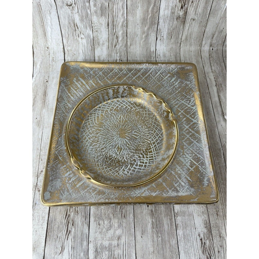 MID CENTURY STANGL POTTERY TRENTON NJ 9" X 9" AQUA & GRANADA GOLD ASHTRAY #3915